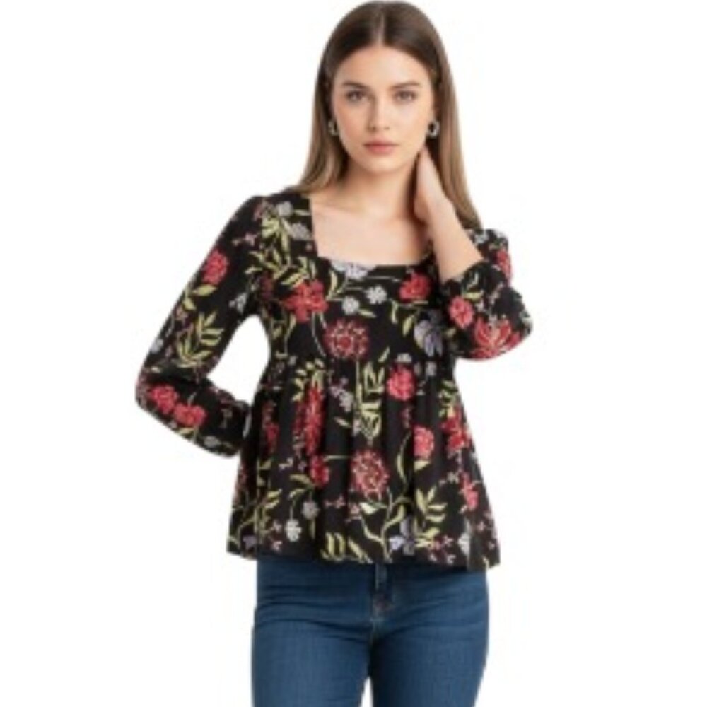 Dolan Anthropologie Small Black Floral Square Neck 3/4 Sleeve Blouse